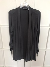 New Susan Graver Weekend Jersey Longline Open Front Cardigan Pockets Gray Small