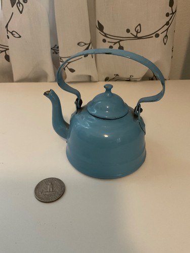 Rare Antique Blue Enamel Graniteware Toy, Doll Kitchen Tea Kettle, ca. 1910