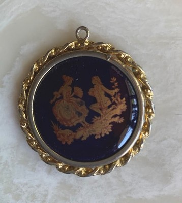 LIMOGES Cobalt Blue Pendant Romantic Courting Couple, Mirror Reverse Gold