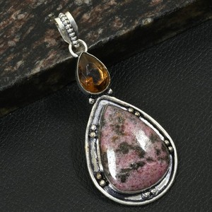 Rhodonite Smoky Quartz Gemstone Ethnic Pendant Jewelry For Unisex 2.6" AP-30459