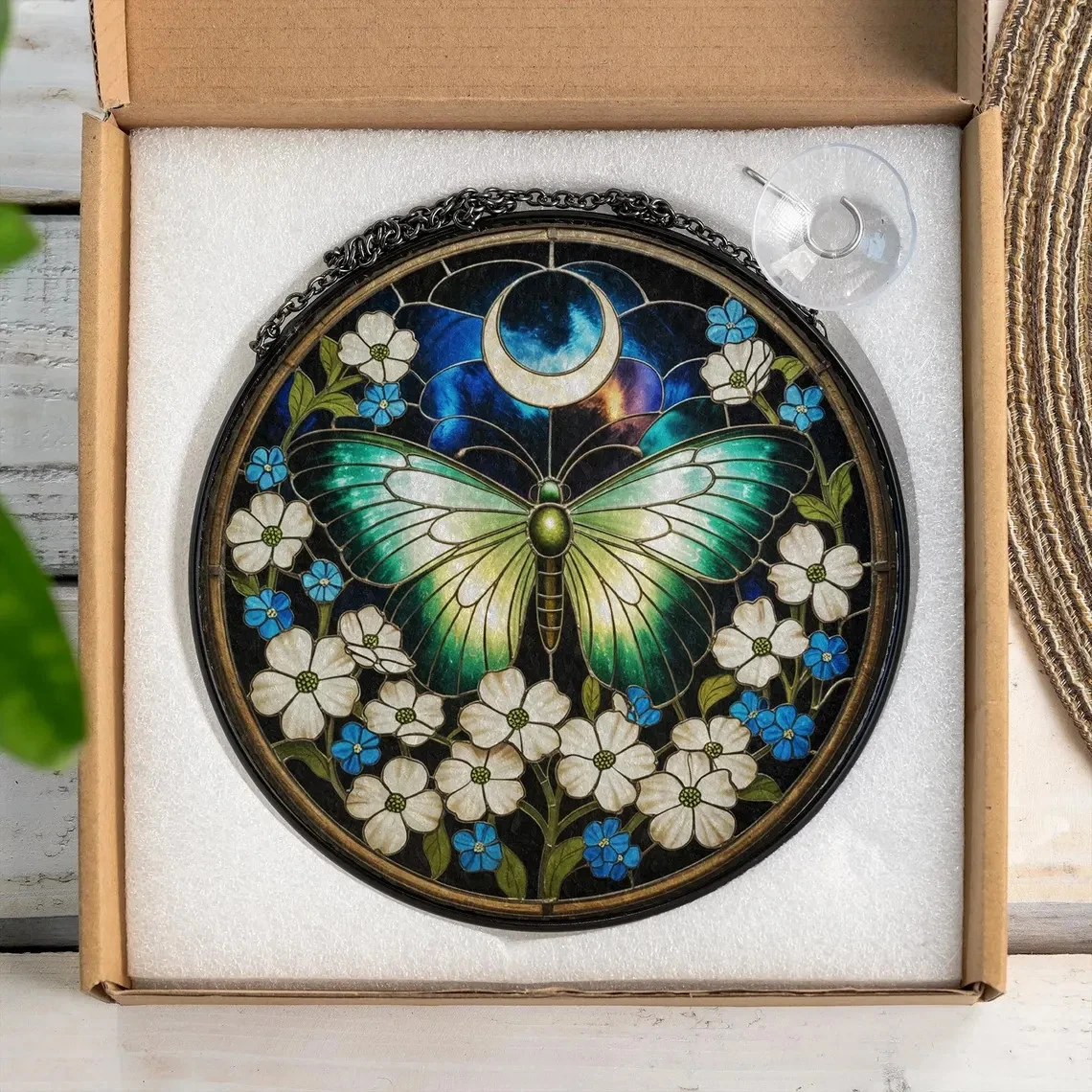 Lunar Moth and Moon Stained Glass Suncatcher, Decor Gift