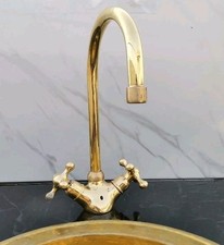 Unlacquered Brass Bathroom Faucet: Gooseneck Vanity Faucet with Cross Handles
