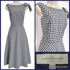 BNWT UN JOUR AILLEURS Gingham Dress Size 10 Navy Cotton 50s Style Occasion Party