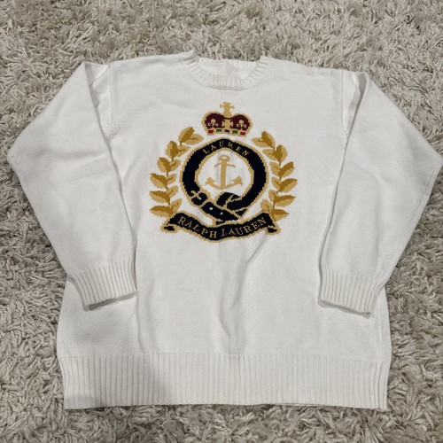 RRL, Vintage Ralph Lauren Crown Crest Crest RRL White Sweater Crewneck Size Small?