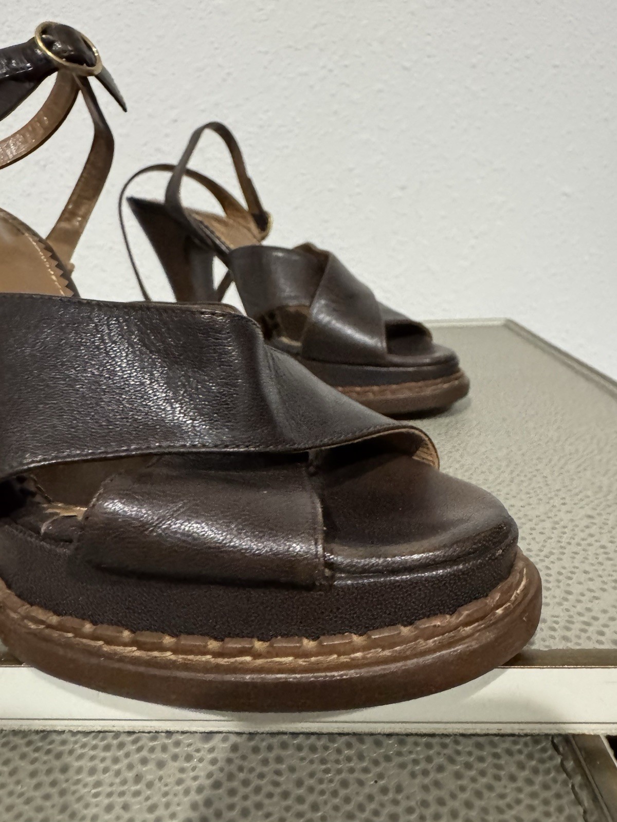 SAINT LAURENT YSL RIVE GAUCHE AUTENTICO SANDALO ESPRESSO PLATFORM TACCO VINTAGE Y2K 38