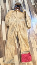 Vintage  95 Carhartt Duck Quilt Lined Coveralls In Brown Sz 44 Tall Fur Hood