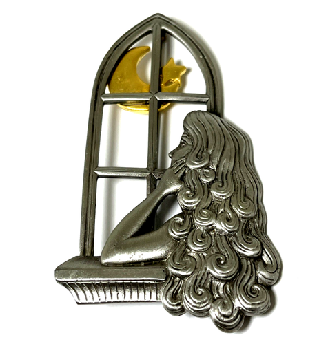 JJ Jonette Lady Star Moon Gazing through Window Brooch Pin Gold & Silver Tone 3"