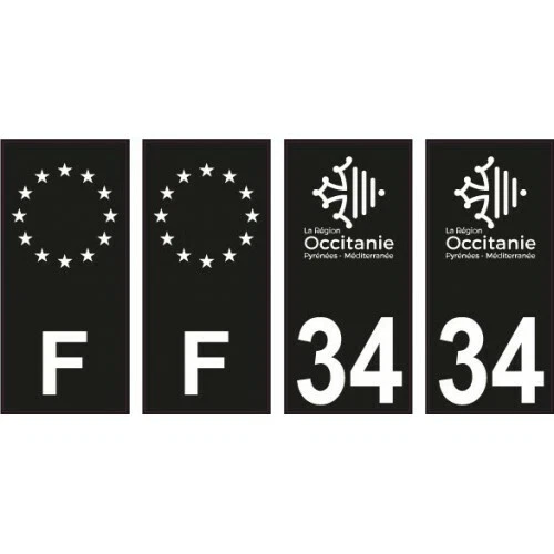 34 Hérault logo noir autocollant plaque immatriculation auto sticker Lot de 4 St