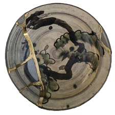 Antique Takeo Karatsu Ceramic Large Plate Pine Motif Kintsugi Gold Repair Japan