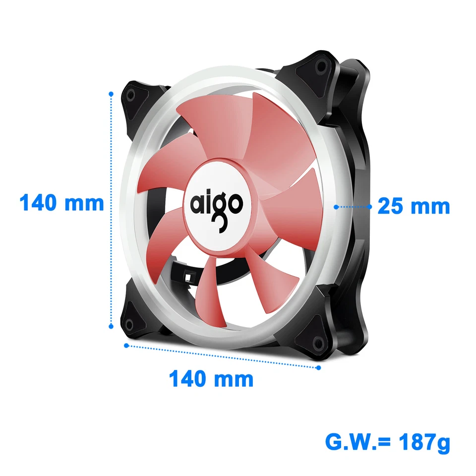 2 Pcs Aigo 140mm Red Halo LED PC Computer Case Cooling Ring Clear Silence Fan - Image 4 of 4