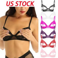 US Womens Lingeries Soft Sheer Lace Floral Nipple Split Bralette Unlined Bra