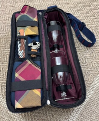 Picnic Time Insulated Wine Tote + Accessories, Napkins, Glasses, Navy Burgundy