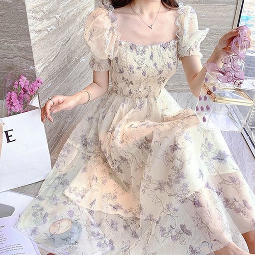 Party Dress Floral Chiffon Long Dress Elegant Short Sleeve Fairy Dresses Women
