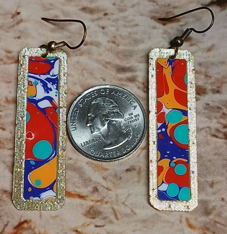 Gold Tone Long Rectangle Multi Color Splatter Pai… - image 4