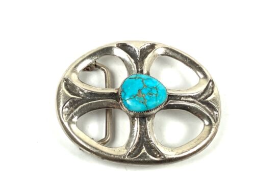 Sand Cast 900 Coin Silver Open Cross Form Belt Buckle w/Turquoise, 2.75”, 47.7g - 第 1/6 張圖片