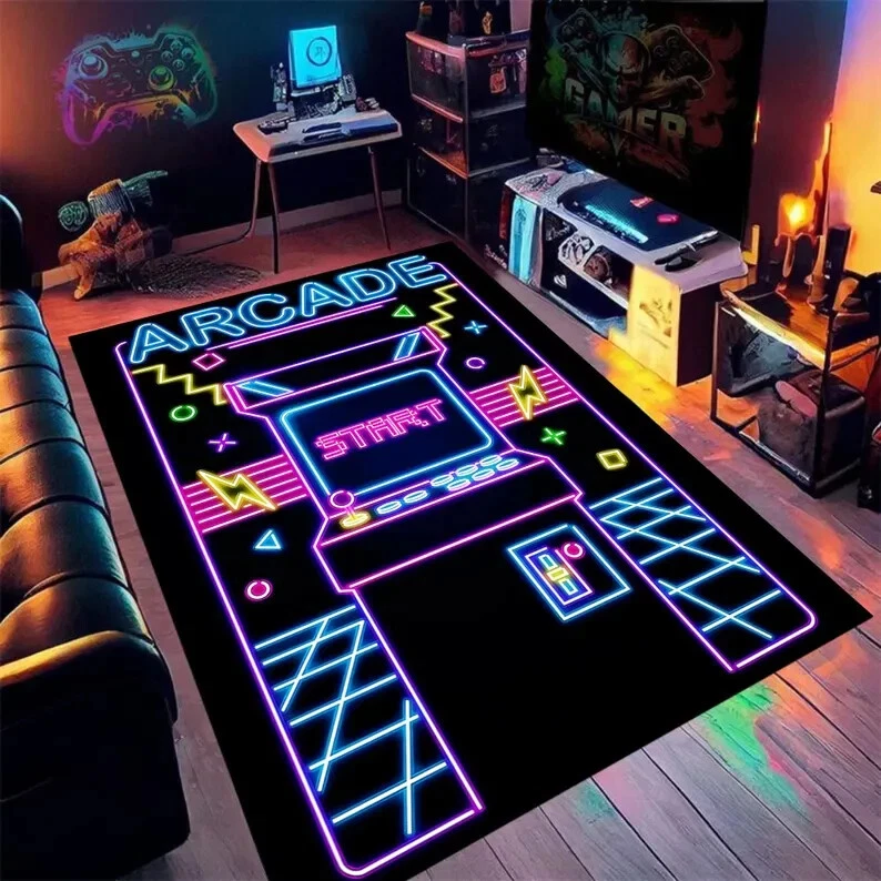 Video Game Room Rug, Retro Arcade Game Carpet, Gamer Decor