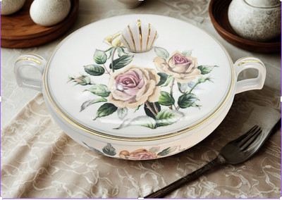 Vintage Narumi China ''Trio Pattern'', Yellow & Peach Roses Covered Vegetable Dish