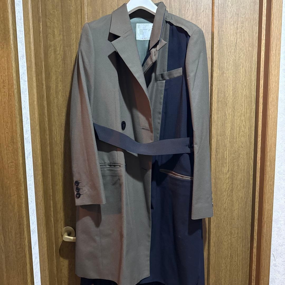 sacai Women's Trench Coat S Brown Khaki Black Pleated Back Excellent Condition