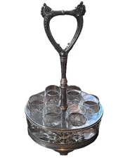 Pairpoint MFG Co ~ Cruet Set 6 Glasses Quadruple Silver Plate Condiments Shots