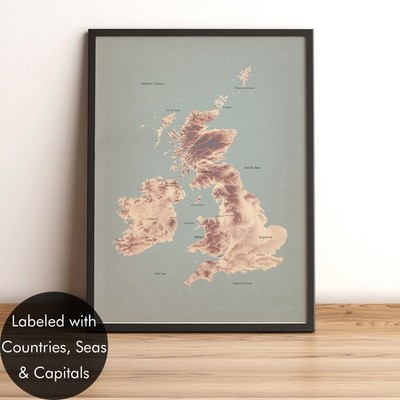 British Isles Blue Ocean Relief Map, UK Elevation Map, United Kingdom Topo Map