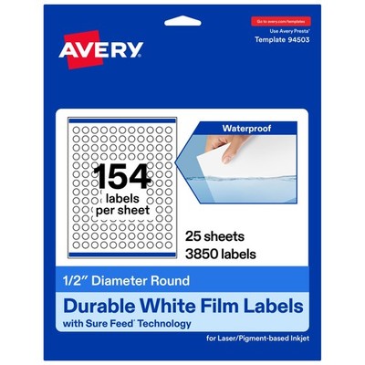 Avery Printable Durable White Round Labels Sure Feed Technology 0.5 Diameter