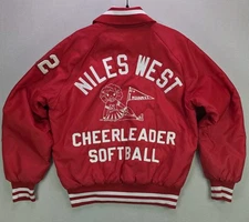 Vintage Niles West Cheerleader Softball Jacket Large 1992 Satin Bomber USA Made