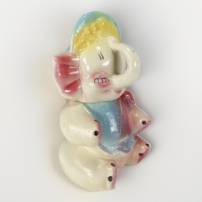 Vintage American Bisque Baby Elephant Cookie Jar Aqua & Pink Kitsch 12 H