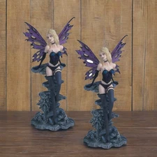 2-PC Gift Set 12"H Purple and Black Fairy With Gargoyle Fountain Figurine