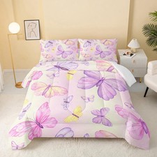 Pink Butterfly Comforter Twin Size,Watercolor Butterfly Kids Comforter Set,3P...