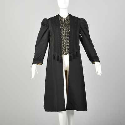 1890s Medium Victorian Opera Coat Black Silk Taffeta Tassel Winter