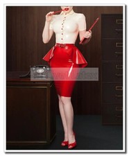 Latex Shirt Dress 1 Piece Front Snap Button Flower Ruffles Hem Hot Red Sexy D163