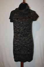 Ellen Parker Sz M Black Brown Cap Sleeve Cowl Neck Chunky Pullover Sweater Dress