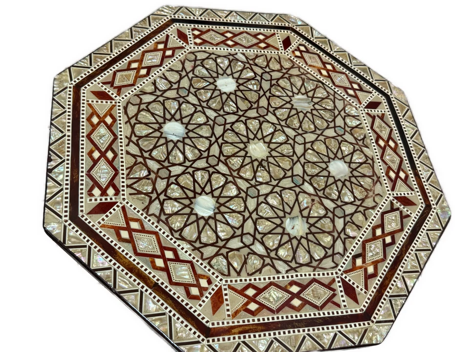 Handmade Wooden End Table Carving Wood Table Home Decor Mother of Pearl Inlay - Image 2 of 4