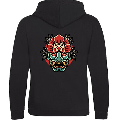 Oni - Japanisches Teufelsgesicht Rose, Tattoo-Stil Design Kapuzenoberteil, Dämon Ork Troll