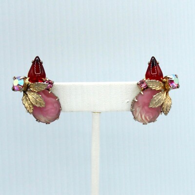 Red Pink Aurora Borealis Rhinestone Climber Earrings Floral Rose Austria