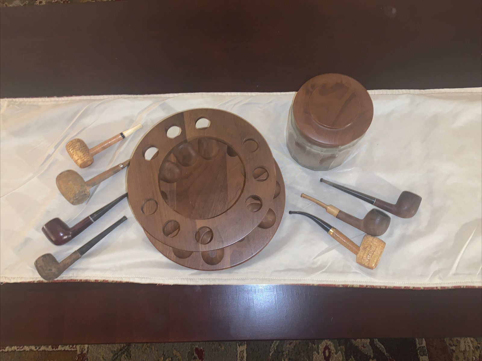 VINTAGE PIPE STAND W/ GLASS HUMIDOR AND (7) VINTAGE PIPES eBay