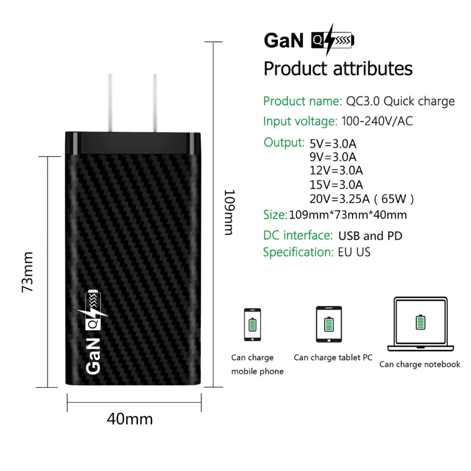 65W GaN USB-C Type C Fast Wall Charger PD+QC3.0 Power Adapter Charging Plug US - Image 3 of 4