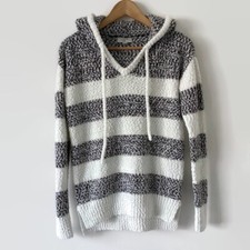 Loft Outlet Sweater Women's XS Black White Stripes Hooded V Neck Boucle