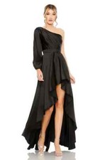 Mac Duggal Black One-Shoulder Long Sleeve Satin High/Low Gown Size 4 $358