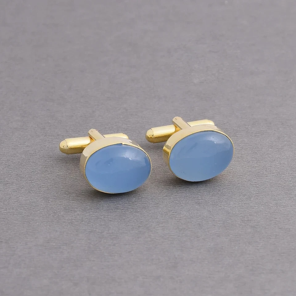 Blue Chalcedony Gemstone Gold Plated 925 Sterling Silver Cufflinks For Men's Foto 3 de 4
