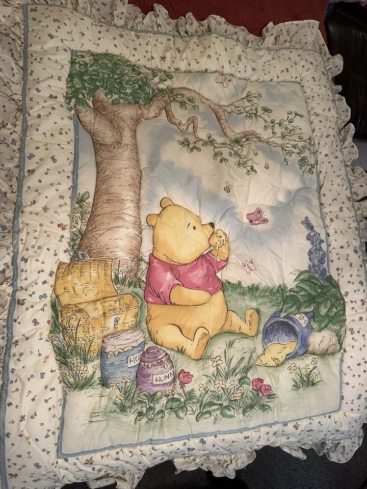 Classic Winnie the Pooh Crib Comforter Blanket Wall Decor Honey Pot Butterflies - Image 2 of 4
