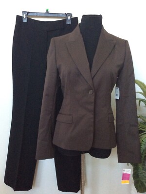 NWT Tahari Women's Brown Black Striped Polyester 2 Piece Pant Suit