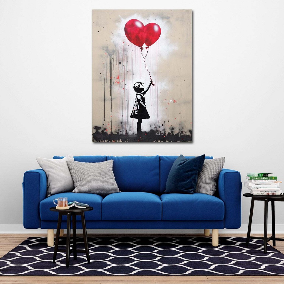 Quadro Su Tela Modulare Banksy 'Ragazza Con Palloncino', 4 Pannelli 70x30 Cm, Per Soggiorno Moderno