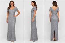NWT Adrianna Papell Beaded Sequin Evening Gown Silver Gray Size 4 Formal Dress