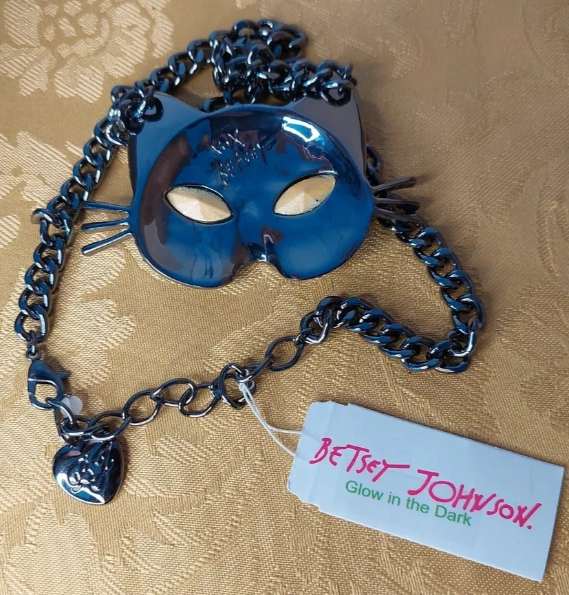 Betsey Johnson Rhinestone Cat Pendant Necklace Glow In The Dark Eyes ~ NWT Foto 3 de 3