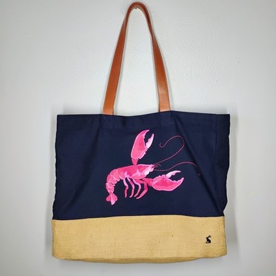 Joules Canvas Tote Bag Navy Blue Pink Lobster Animal Print Brown Leather Straps