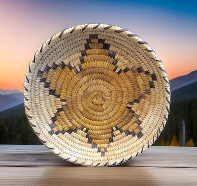 Vintage Native American Basket Tray 6 Point Star Lace Edge Tohono O'odham 9.25''