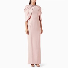 Pink Evening Dress Customized Crystal Round Neck with Cape Straight Back Slit