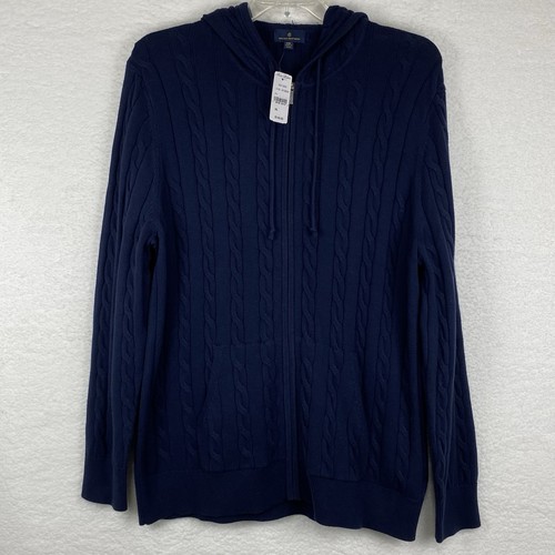 Brooks Brothers Men's XXL Navy Cable Knit Cotton Full Zip Hooded Sweater