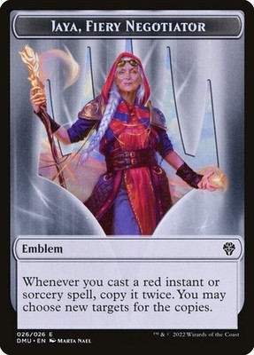 NM Jaya, Fiery Negotiator Emblem, MTG, Dominaria United Token, Magic Token